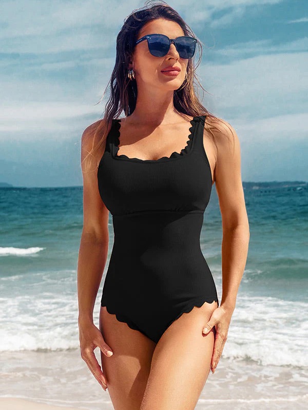 Charmo Ribed Cut Out Square Neck Scalloped One Piece Swimsuit Size Xs